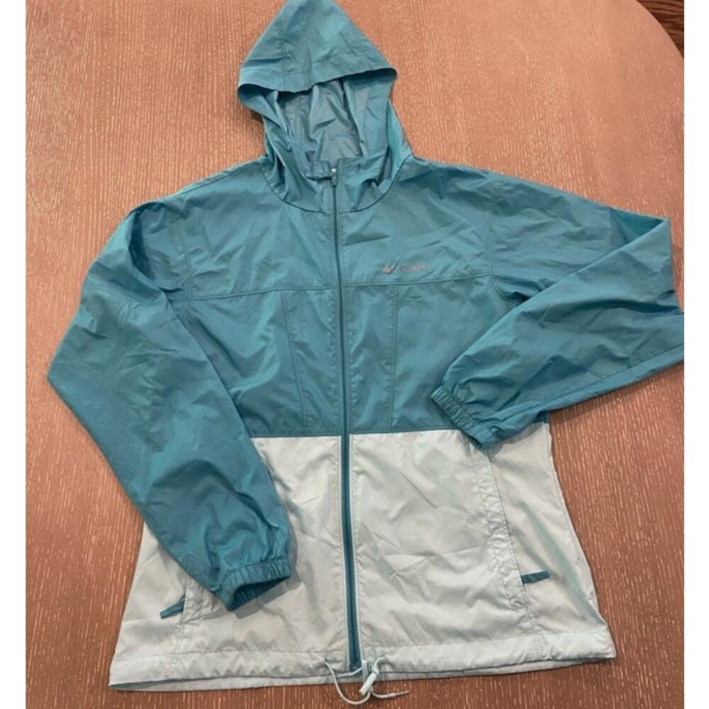 Womens Columbia Sportswear Jacket‎ S Small Teal Light Blue Hooded Windbreaker